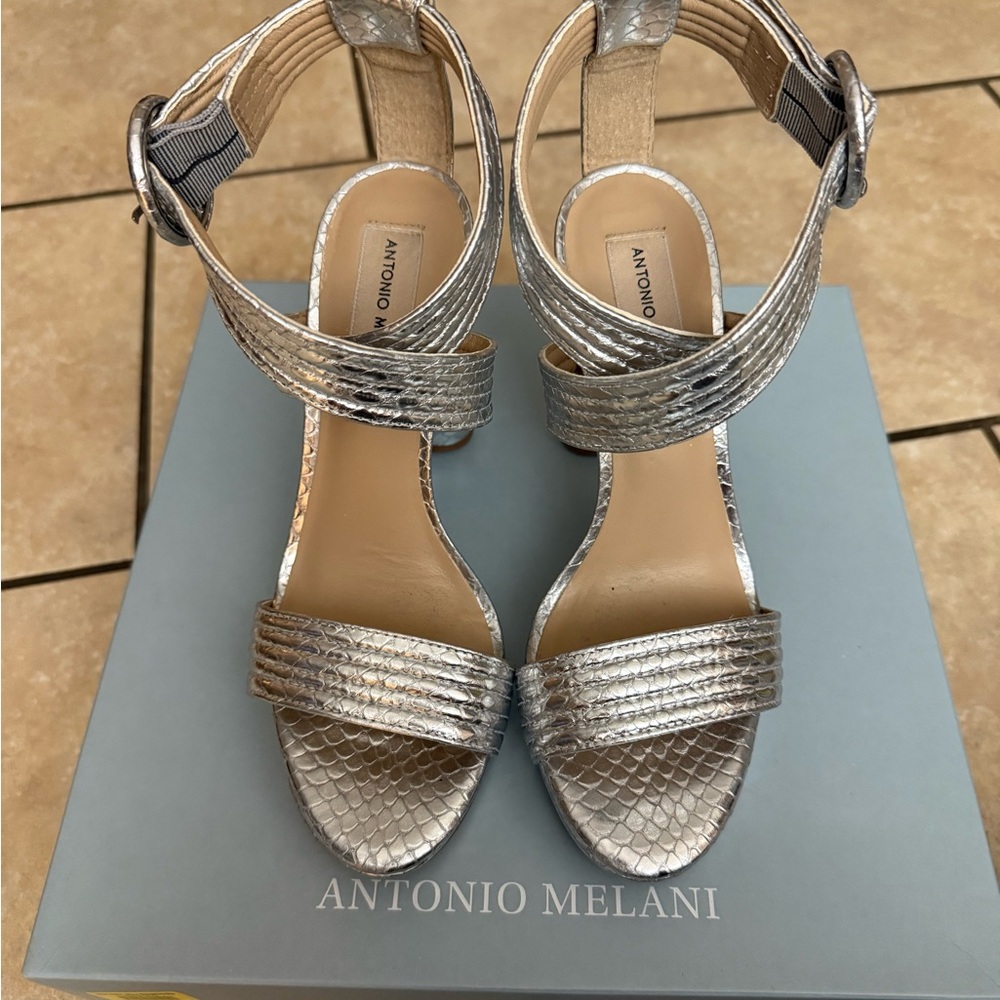 ANTONIO MELANI Metallic Silver Snakeskin Sandals